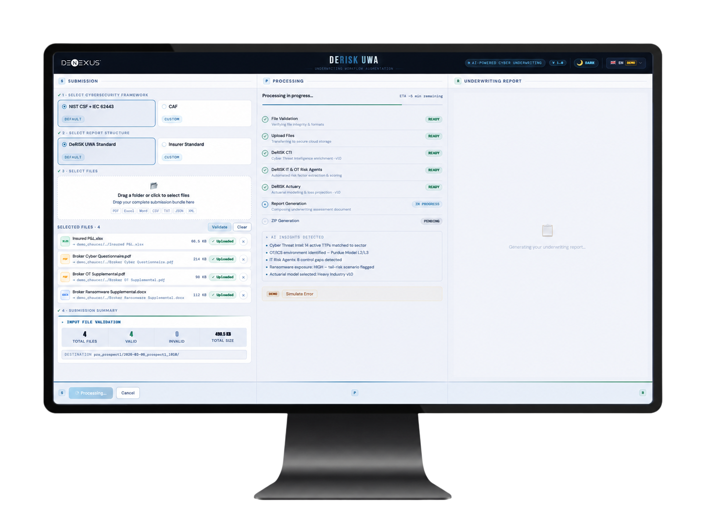 DeRISK UWA platform processing an underwriting submission — AI pipeline in progress showing CTI enrichment, IT and OT risk agents, and actuarial modelling