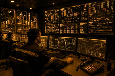 Industrial OT control room operators monitoring critical infrastructure systems — DeRISK UWA industrial cyber underwriting platform