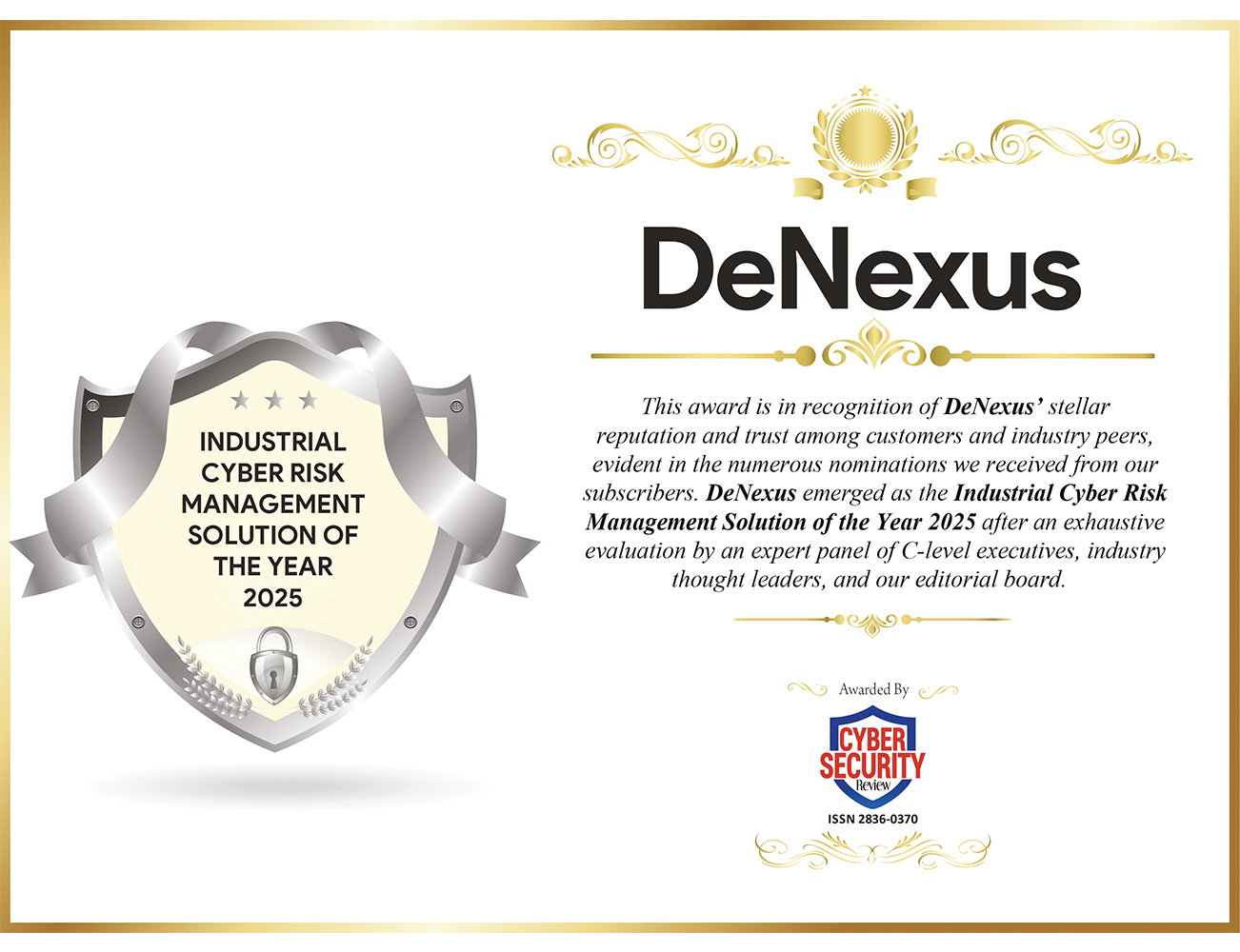 DeNexus Named “Industrial Cyber Risk Management Solution of the Year 2025” by The Cyber Security Review