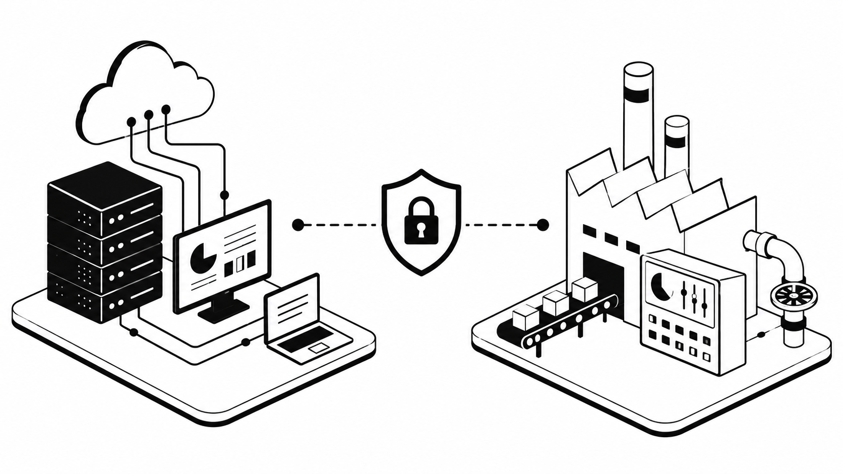 Line illustration comparing IT infrastructure (cloud, servers, computers) and OT infrastructure (industrial factory, machinery, control panel) connected by a central security shield, illustrating the divide between IT and OT cybersecurity