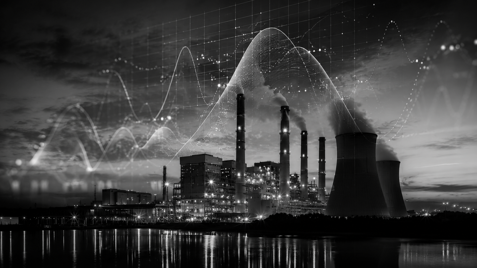 Industrial power plant at night with overlaid risk quantification data curves, illustrating the analytical layer of OT cyber risk quantification for industrial operations