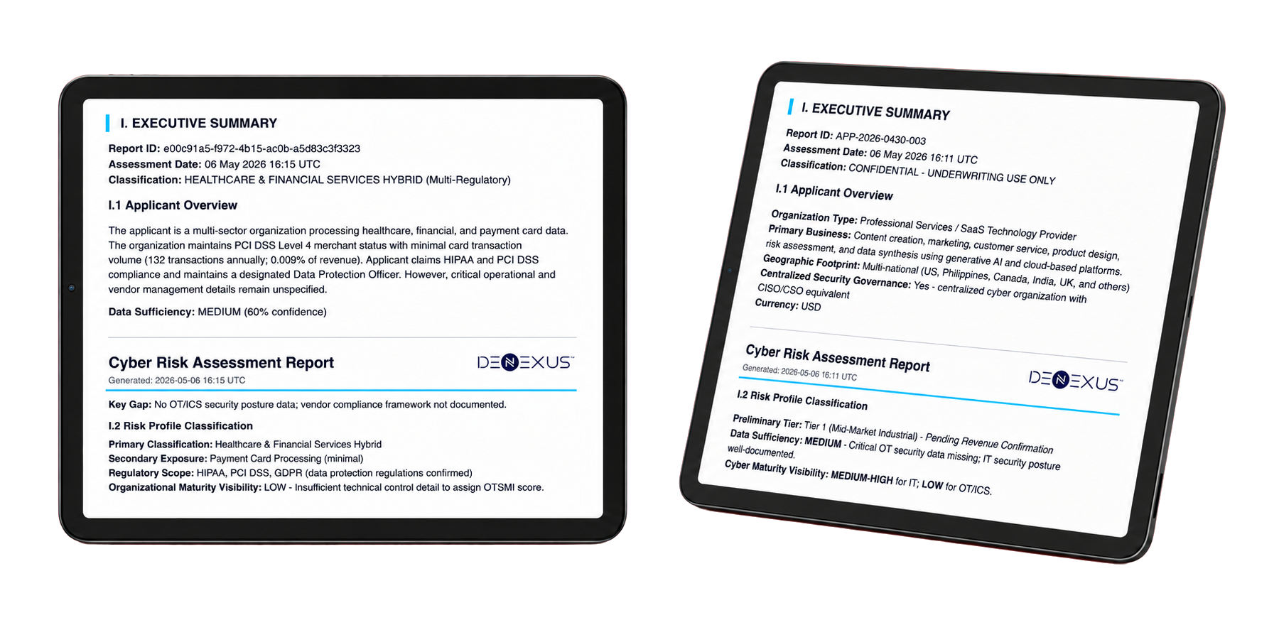 DeRISK UWA underwriting assessment reports — two real submissions showing risk profile classification, data sufficiency, and cyber maturity visibility for industrial cyber insurance